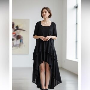 Ashley Stewart High Low Double Ruffle Duster Top Black SZ 26/28 4X Stretch NWOT